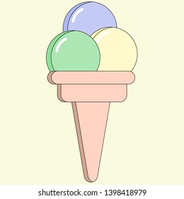 Bright and tasty ice-cream in waffle cone for good weekend  in light yellow background.