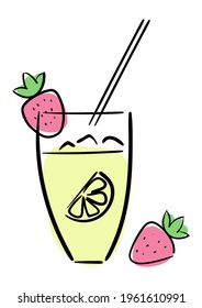 Bright tasty juicy lemonade with strawberries in a glass with straw hand drawn in one stroke style simple flat vector illustration