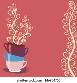 Bright tea card with cups and flowers
