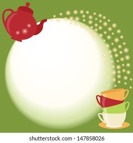 Bright tea card with teapot, cups and flowers