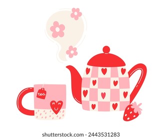 A bright teapot and cup set with strawberry-flower hot tea