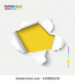 Bright tear off edge paper hole poster with torn cardboard pieces on transparent background for message revealing concepts.