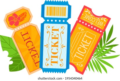 Bright tear-off concert ticket, paper pass for access to the event, design cartoon style vector illustration, isolated on white.