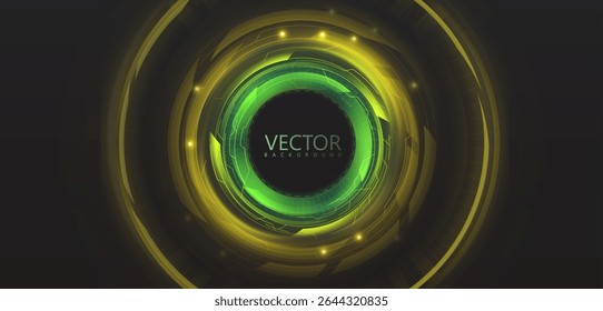 Círculo tecnológico brilhante com brilho verde-amarelo, efeito de profundidade e linhas abstratas. Fundo vetorial para interfaces, apresentações e desenhos técnicos.