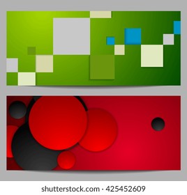 Bright tech geometric banners with squares and circles. Tech geometric vector graphic design