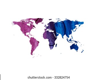 Bright tech watercolor world map. Vector illustration