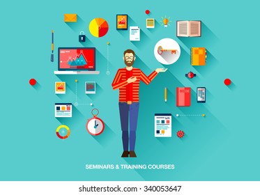 Bright technology education set of flat concepts icons for training and courses with man with beard in sweater in business, finance, consulting, management, human resources, career, staff training