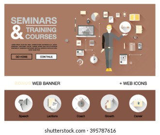 Bright technology education set of flat concepts icons for training and courses with man with beard in sweater in business, finance, consulting, management, human resources, career, staff training
