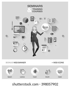 Bright technology education set of flat concepts icons for training and courses with business woman in red dress in business, finance, consulting, management, human resources, career, staff training
