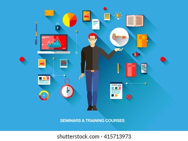 Bright technology education set of flat concepts icons for training and courses with man with beard in sweater in business, finance, consulting, management, human resources, career, staff training