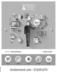 Bright technology education set of flat concepts icons for training and courses with man with beard in sweater in business, finance, consulting, management, human resources, career, staff training
