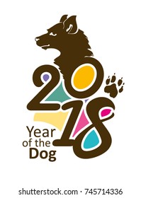 Bright template 2018. Year of the Dog on the Chinese calendar. Vector illustration of figures and portrait of a dog.