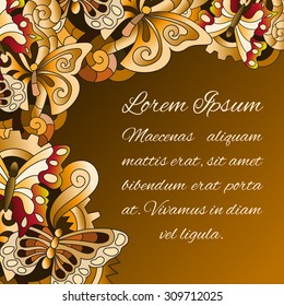 Bright template for design invitations and greeting cards. Hand drawn elements as butterflies of vintage patterns. 