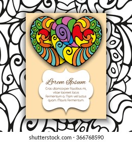 Bright template for design invitations and greeting cards. Hand drawn doodle elements in the form of two hearts. 