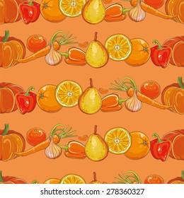 Bright template for design. Set of orange fruits and vegetables on orange seamless vector pattern. Seamless background. eps 10