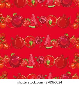 Bright template for design. Set of red fruits and vegetables on light red seamless vector pattern. Seamless background. eps 10