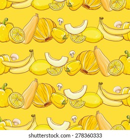Bright template for design. Set of yellow fruits and vegetables on light yellow seamless vector pattern. Seamless background. eps 10
