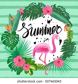 Bright template with exotic flowers and plants and pink flamingo.  Summer tropic poster.