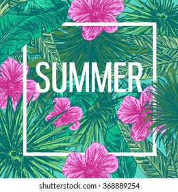 Bright template with hand drawn tropical plants