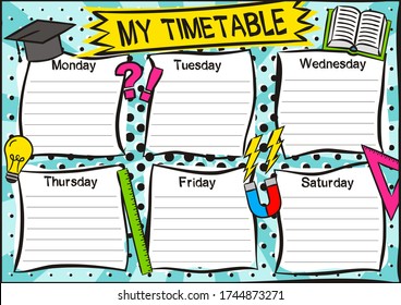 Bright template of a school schedule for 6 days of the week for students. Blank for a list of school subjects. Vector illustration in popart styles.