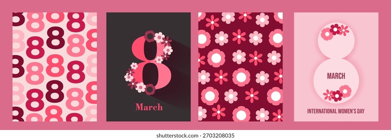 Brillantes Plantillas para el 8 de marzo. Fondos de colores para el Día Internacional de la Mujer. Ilustración vectorial