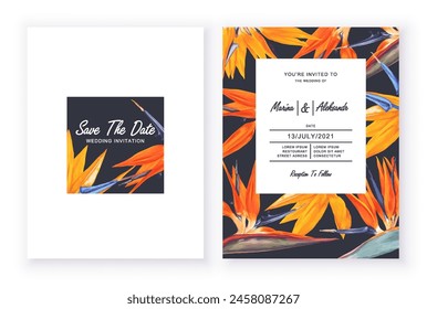 Bright templates with space for text, minimalist design with tropical flowers and leaves of Strelitzia royal. Realistic style, hand drawn, vector. Background for your design, templates, invitations.