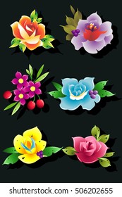 Bright Tender Gradient Flowers Set Delicate Collection Roses and Cherry