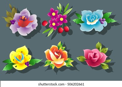Bright Tender Gradient Flowers Set Delicate Collection Roses and Cherry