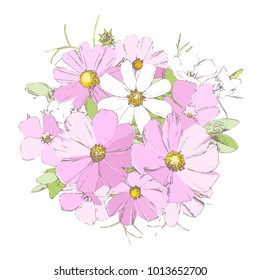 bright tender spring periwinkl, daisy and forget-me-not wild primrose flowers hand drawn bouquet isolated on white background, vector illustration