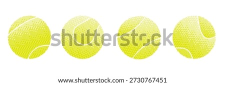 Bright tennis ball icons with bitmap effect, set in different angles. Simple flat sports symbols with pixel texture for tennis design, app interface, infographics or game elements. Vector illustrations, isolated on white background.
