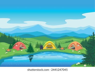 Bright tents in the valley near the lake. Camping. Recreation with tents in nature. Travel and active recreation with friends. An image of relaxation and travel. Vector illustration.