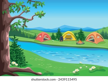 Bright tents in the valley near the river. Camping. Recreation with tents in nature. Travel and active recreation with friends. An image of relaxation and travel. Vector illustration.