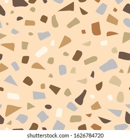 Bright Terrazzo Seamless Pattern. Abstract Terrazzo design in beige natural colors. Terrazzo seamless patterns. Trendy abstract repeat design. Vector abstract background with chaotic stains.