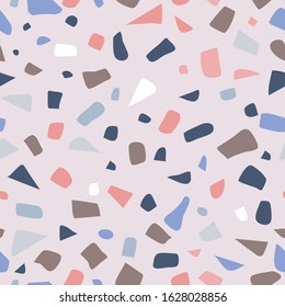 Bright Terrazzo Seamless Pattern. Abstract Terrazzo design in pink and purple delicate pastel colors. Terrazzo seamless patterns. Trendy abstract repeat design. Vector abstract background with chaotic
