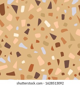 Bright Terrazzo Seamless Pattern. Abstract Terrazzo design in beige natural colors. Terrazzo seamless patterns. Trendy abstract repeat design. Vector abstract background with chaotic stains.
