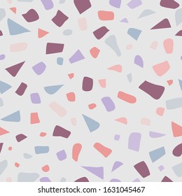 Bright Terrazzo Seamless Pattern. Abstract Terrazzo design in pink and purple delicate pastel colors. Terrazzo seamless patterns. Trendy abstract repeat design. Vector abstract background with chaotic