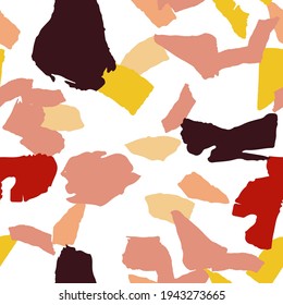 Bright Terrazzo Tile Vector Seamless Pattern. Abstract Terrazzo Wall Illustration. Yellow and Terracotta Marble Wallpaper.