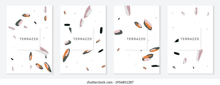Bright Terrazzo Tile Vector Set Background. Quartz Terrazzo Wall Postcard. Pink and Gray Pebble Card.