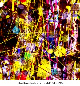 Bright texture. Abstract seamless vector pattern. Spots, curved lines, stripes, shapeless blots, streaks, oval, square, strokes,  Mixed random. For fabrics, wrapping paper, printing.