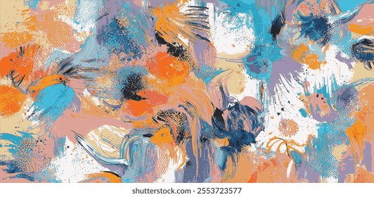 Bright texture background, abstract flowers backdrop design. Paint splash on canvas rough colorful textured brush strokes painting, vector artwork