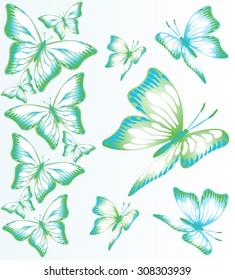 Bright texture with butterflies in blue-green-white shades