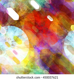Bright texture. Circles and polygons. Colorful abstract seamless pattern. Vector, easy to edit.
