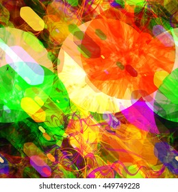 Bright texture. Circles, polygons and wavy lines. Colorful abstract seamless pattern. Vector, easy to edit.