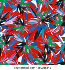 Bright texture with exotic colorful geometrical flowers and leaves placed on red background. Floral seamless pattern with Hawaiian motifs. Red, blue, green colors.