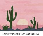 Bright texture with pink desert and green cacti hand drawn in pastel colors. Natural background with desert plants. Vector in simple flat style with cactus in desert.