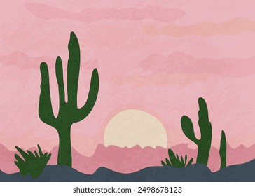 Bright texture with pink desert and green cacti hand drawn in pastel colors. Natural background with desert plants. Vector in simple flat style with cactus in desert.