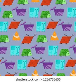 Bright textured kids seamless pattern with cute geometric animals. Elephant, whale. fox and deer texture for children textile, wrapping paper, cover design, children cloth