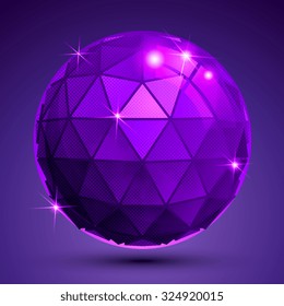 Bright textured plastic spherical object with flashes, pixilated synthetic globe created from triangles.