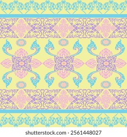 Bright Thai Traditional Art Design with Pastel Pink, Blue, and Yellow Floral Motifs, Intricate Patterns, and Ornamental Borders - Perfect for Textile Prints, Decor, and Cultural Art Projects