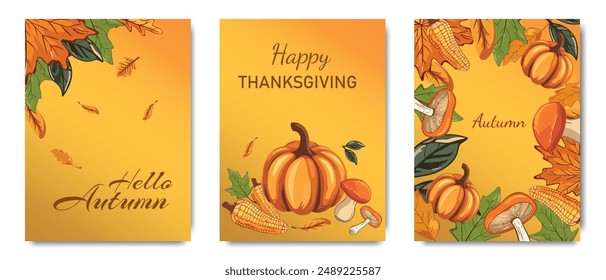 Bright Thanksgiving posters with autumn elements, pumpkin, leaf, corn, mushroom. Autumn nature concept, harvest.